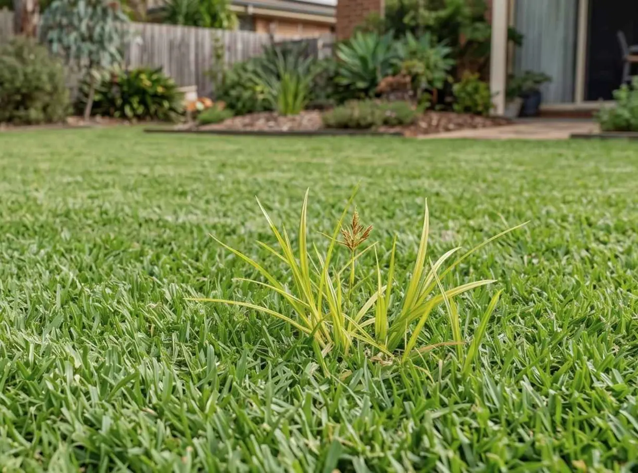 Nutgrass (Cyperus rotundus) growing in a home lawn, with upright triangular stems that stand taller and lighter green than the surrounding turf