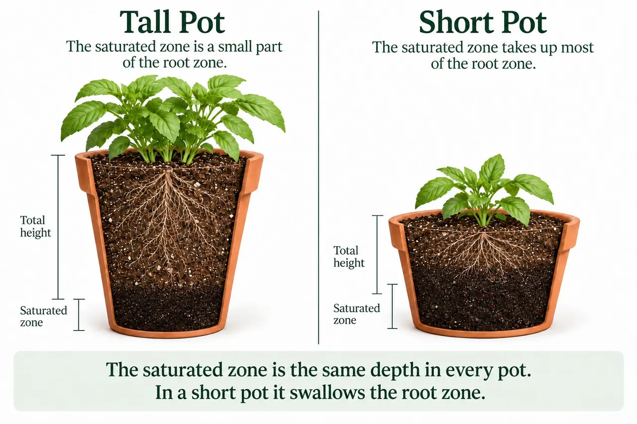 Diagram comparing a tall pot and a short pot, showing the saturated zone taking up most of the short pot's root zone