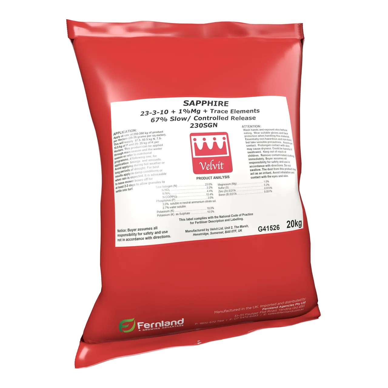 Sapphire Turf Fertiliser 23-3-10 +1Mg  230SGN — 20kg · 230SGN