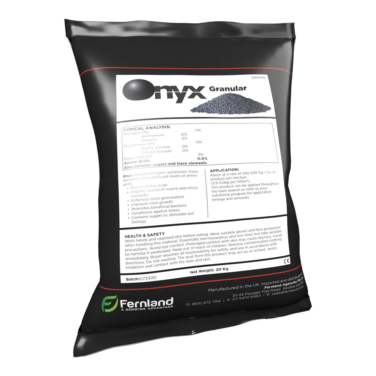 Onyx Organic-based Granular Fertiliser — 20kg · Greens Grade, 1-2mm